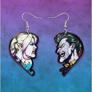 New Joker & Harley Quinn Dangle Earrings Batman Heartbreak Villian Hero